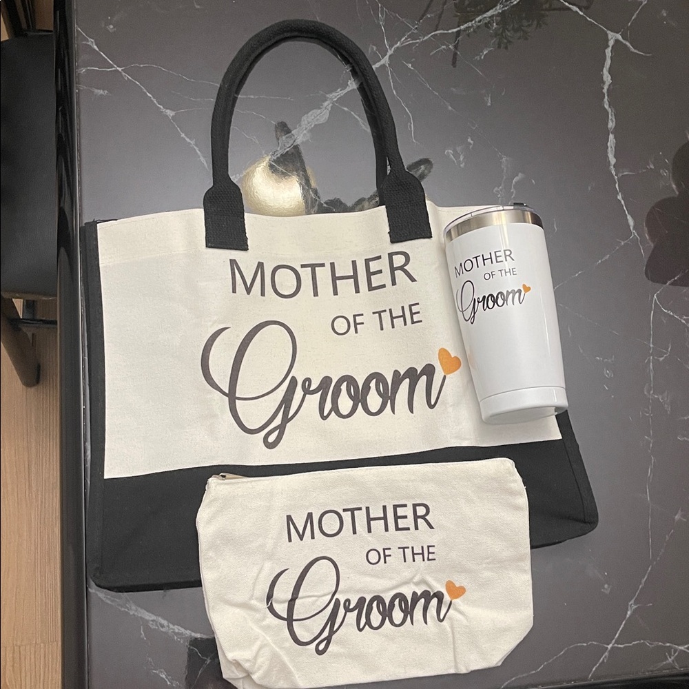 Mother of the Groom Tote, Pouch & Tumbler Set - White with Black & Gold